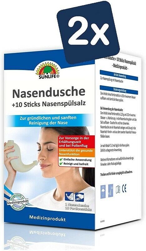 Sunlife Nasenspüldusche 10 Sticks Nasenspülsalz, 1 Kanne + 10 Sticks - 2er Pack