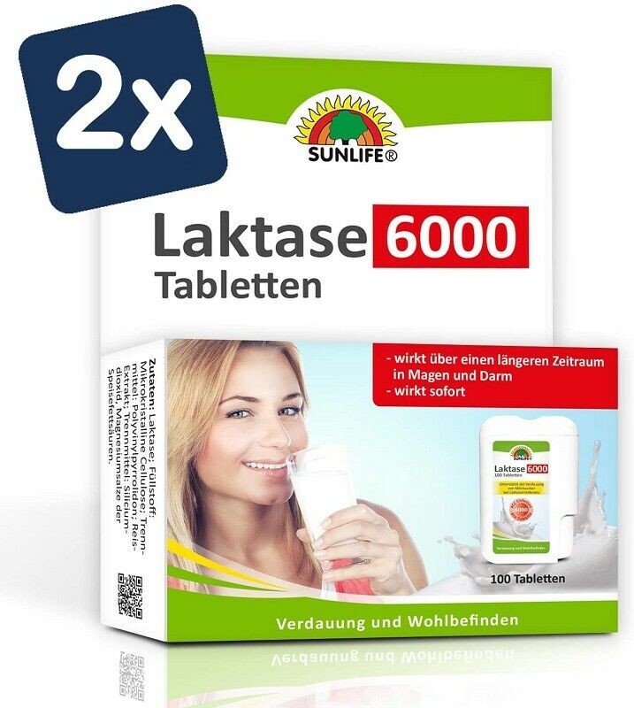Sunlife Laktase Tabletten 6.000 FCC im Klickspender, 100 Tabletten - 2er Pack